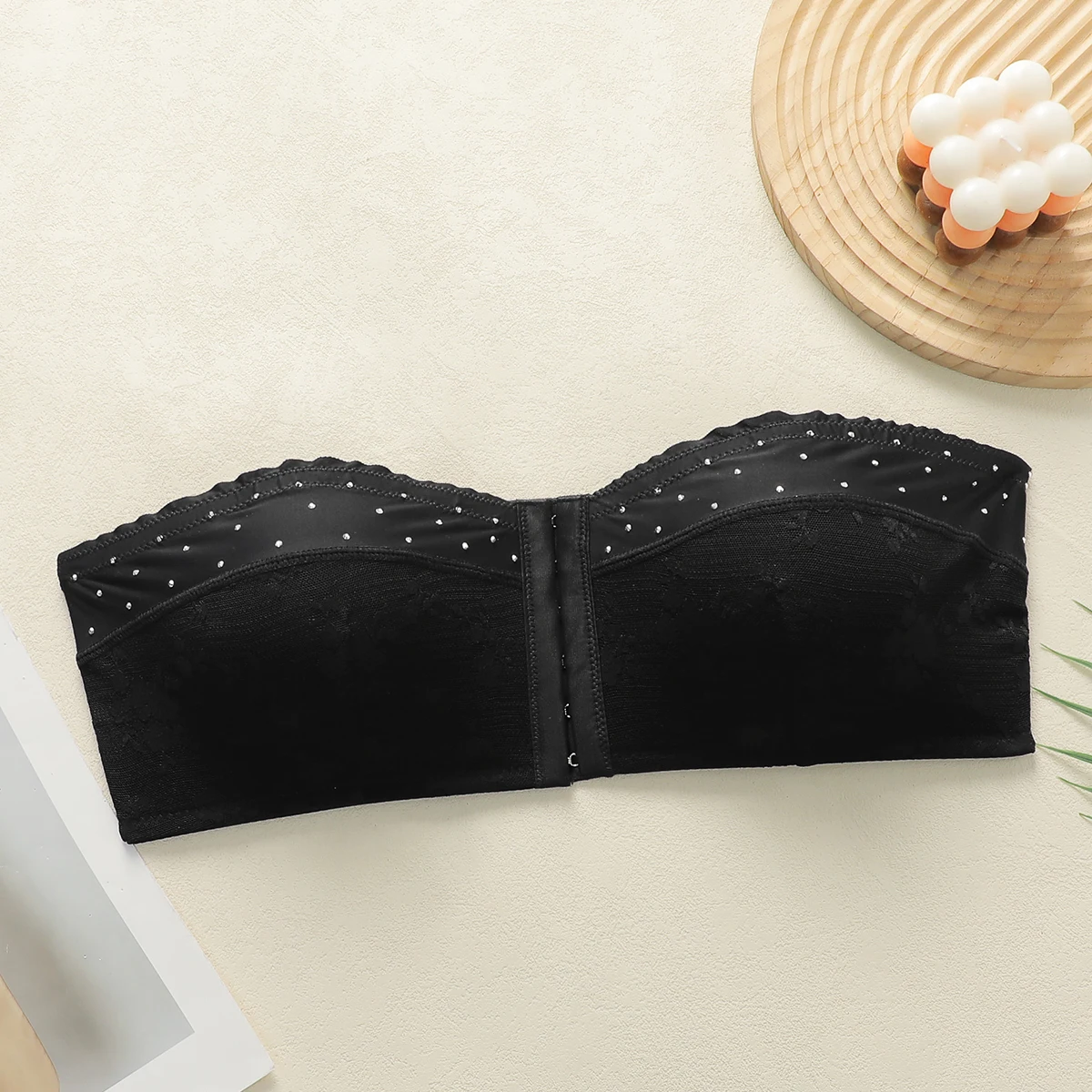 Women's Sexy Lace Strapless Bra Front Closure with Sparkling Stones Push Up Non Padding Wireless Bras for Backless Dress Wedding