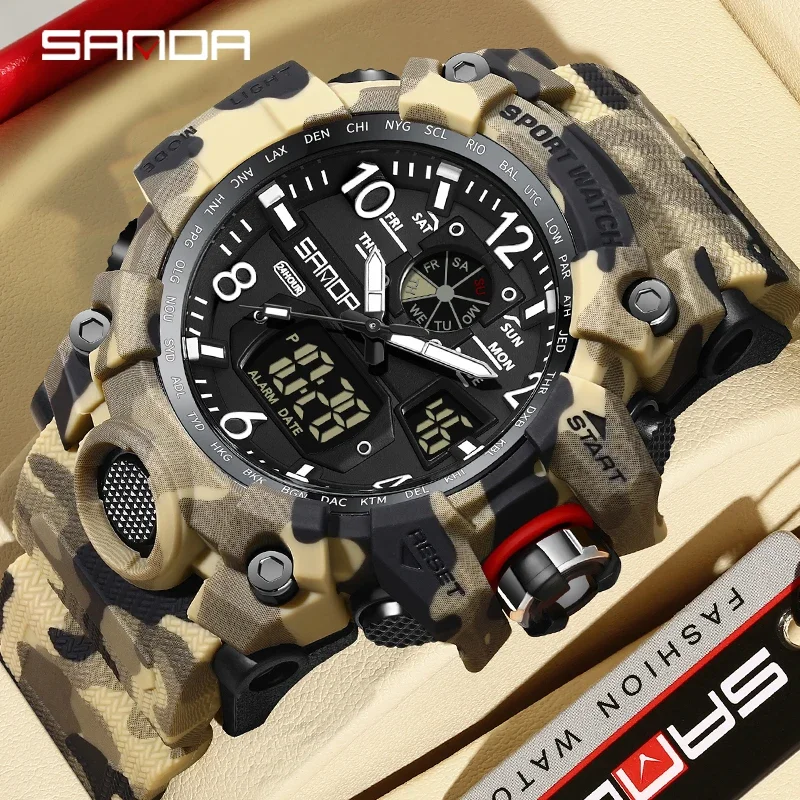 SANDA 3358 Camouflage LED Digital Watch Outdoor Electron Male Wristwatch Display Quartz Men Clock Sports Military Mens Watch 2
