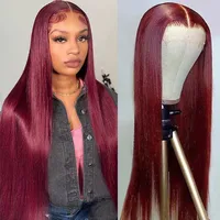 Perruque Lace Front Wig naturelle lisse bordeaux 99J, cheveux humains, 13x6 HD, pre-plucked, pour femmes 1