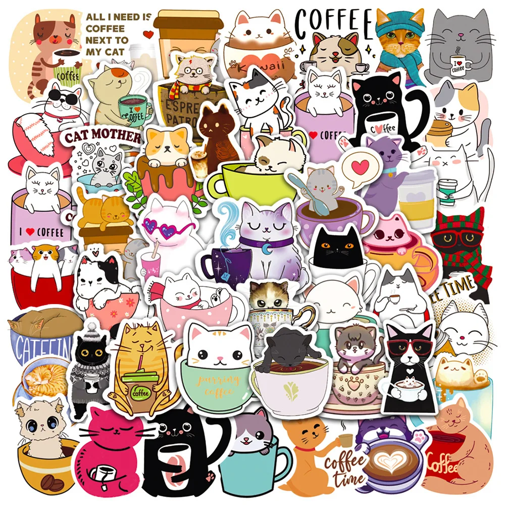 

10/30/50PCS Cartoon Cat Coffee Sticker Decal Laptop Phone Luggage Skateboard Ipad Kids Toys Waterproof Sticker Wholesale