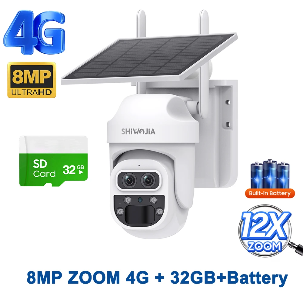 SHIWOJIA كاميرا بالطاقة الشمسية 4G 12MP 6K 15X Zoo...