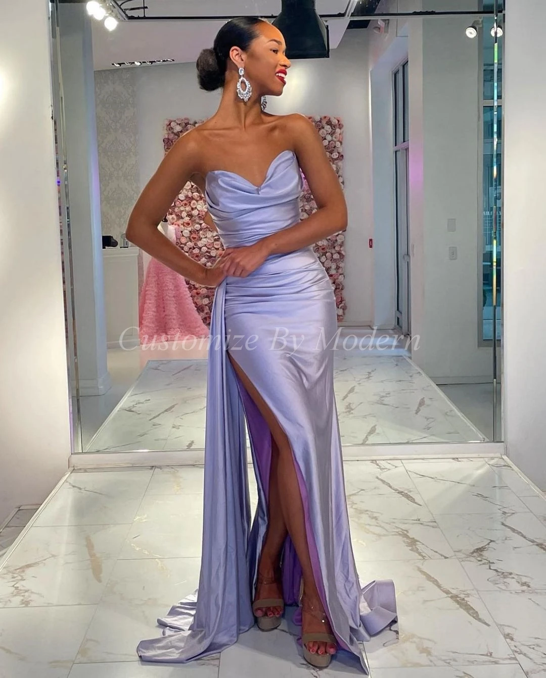 

Mermaid Lilac Satin Long Prom Dresses Tiered Floor Length Side Split Saudi Arabia Prom Gowns Formal Party Dress