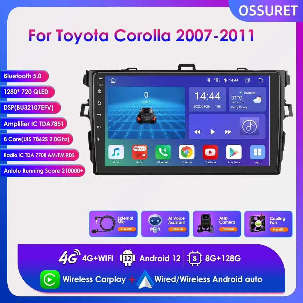 

9" 2 Din Carplay Screen Car Multimedia Player for Toyota Corolla 2007-2011 Android 12 Radio GPS Navi BT Stereo RDS 4G DSP NO CAN