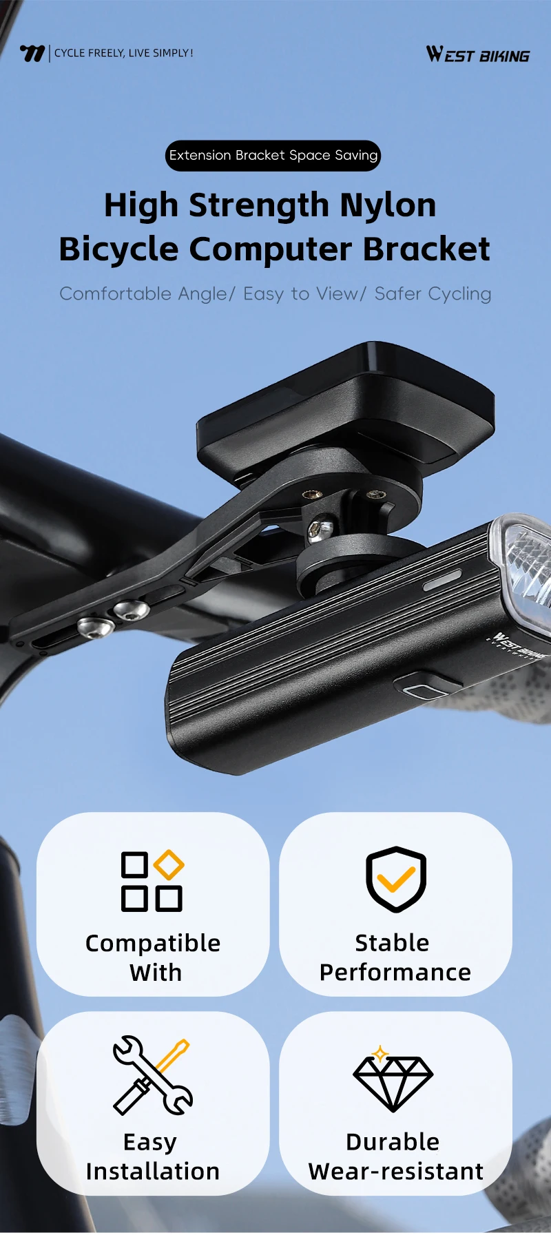 WEST BIKING Fahrradcomputerhalterung für Garmin/Bryton/Wahoo Tachometer, Fahrradbeleuchtung und Kamerahalterung, MTB-Rennradzubehör – Detail 1