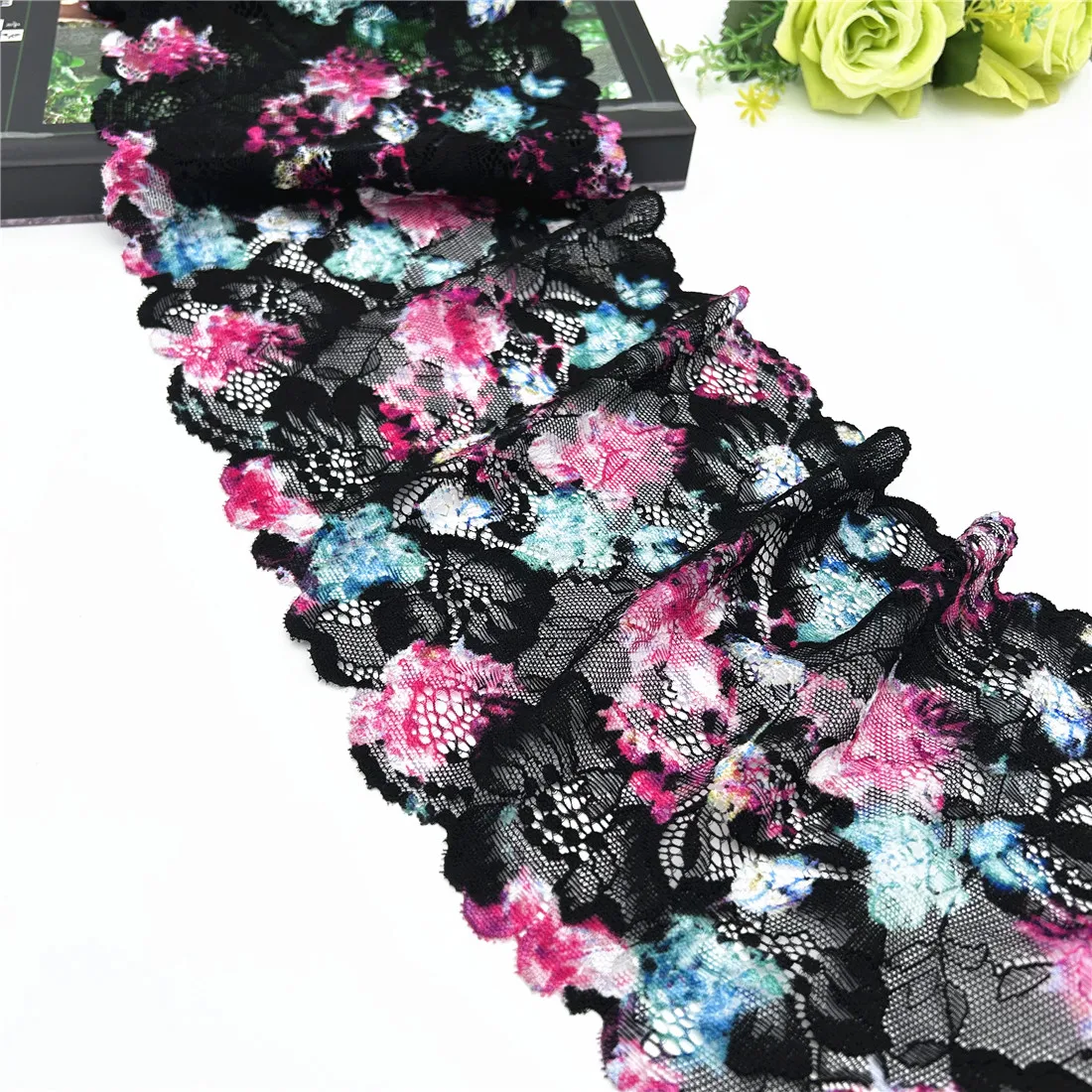 3y/lot Width18cm Mixed Black Floral Elastic Stretch Lace Trim 2