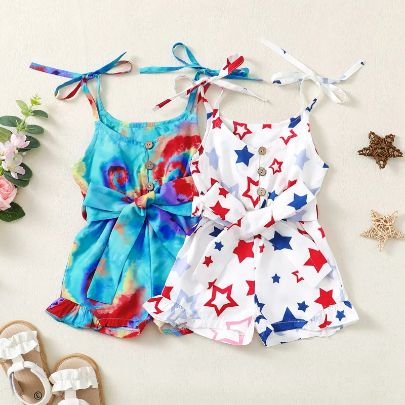 

Little Girls Summer Casual Jumpsuit Sleeveless Tie Dye/Stars Print Button Cami Playsuit with Belt