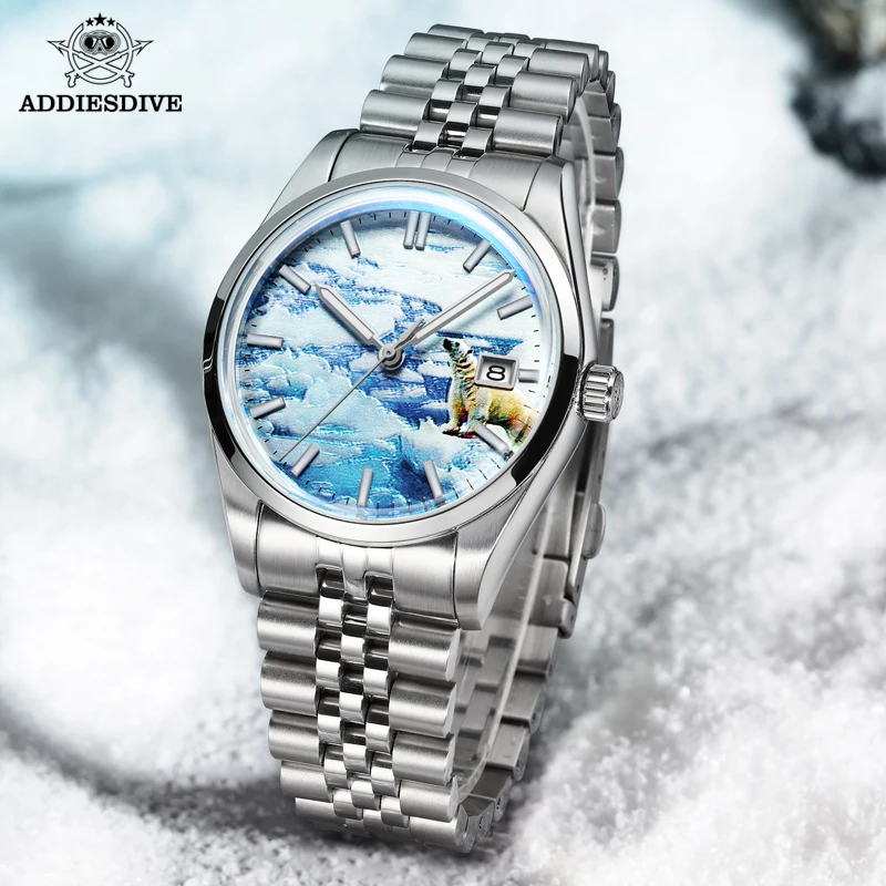 

ADDIESDIVE New Mechanical Watch for Men Glacier Dial NH35 Bubber Mirror 100m Diving Business Automatic Watch Luminous WristWatch