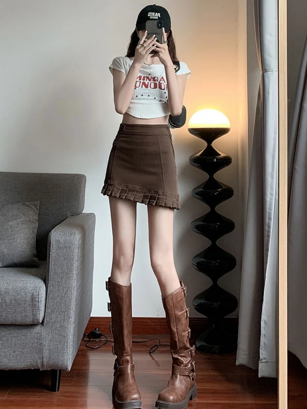 

2023 New Female Denim Skirt Pleated Wrap Hip A Word Adjustable Waist Buckle Autumn Comfortable Casual Girls Short Dress