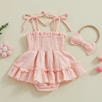 Toddler Baby Girls Summer Romper Dress Casual Sleeveless Shoulder Strap Bodysuits with Hairband Children 0-18 Months Outfits 3