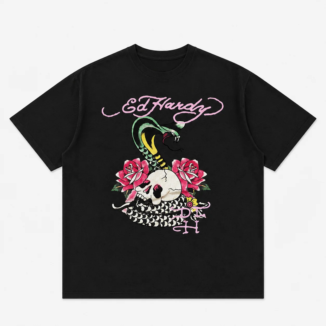 Ed Hardy Schlangenschädel-Rosen-Tattoo-Print T-Shirt Unisex Locker Geschnitten Übergroß Harajuku Streetwear Baumwolle Sommer Grafik Herren T-Shirts