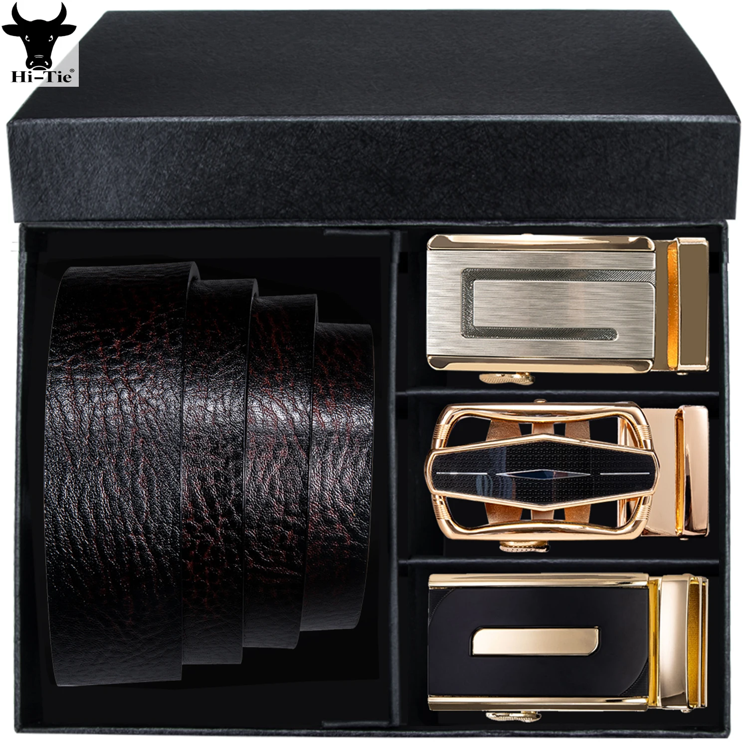 

Hi-Tie мужские ремни в коробке коричневые ремни из натуральной кожи три автоматические пряжки храповик модный пояс для мужчин платье джинсы подарок