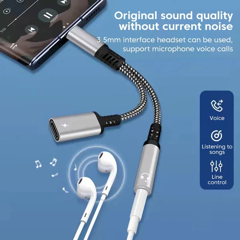 USB C Adapter 2 in 1 To 3.5mm AUX Audio Headphone Cable For Xiaomi Redmi Huawei Samsung OPPO Type C PD 30W Charging Braid
