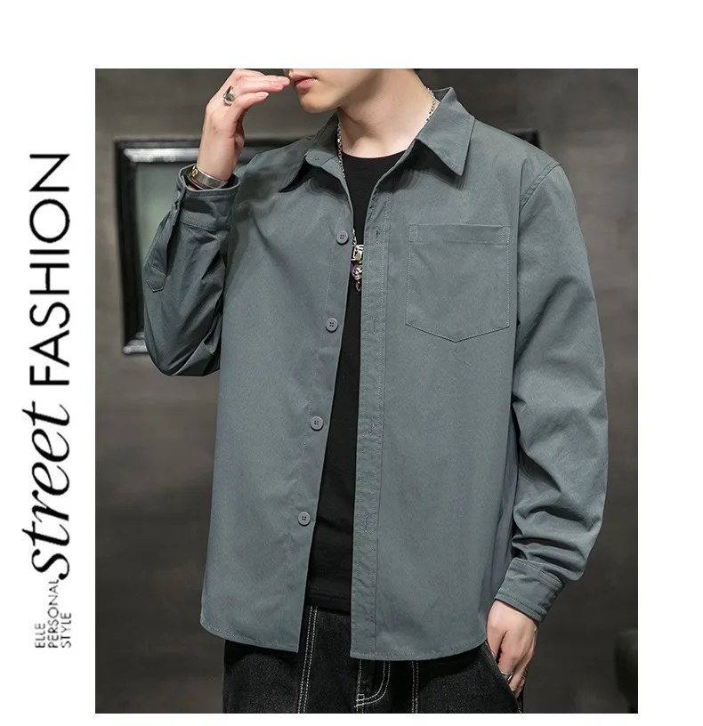 long short sleeve shirt Autumn 2021 new men's plain color shirt youth relaxed casual trend simple men's clothing mens short sleeve shirts