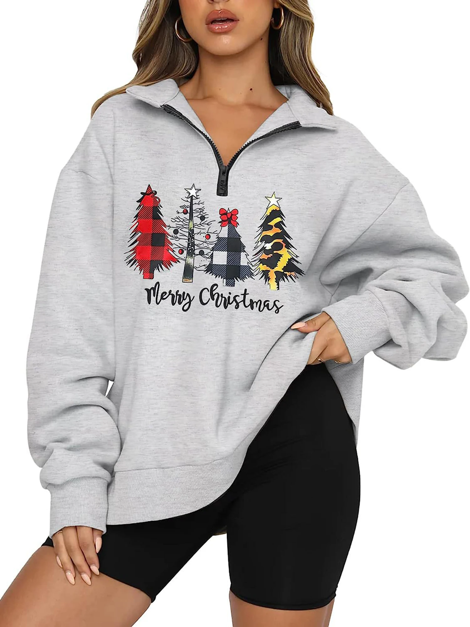 

Women s Cozy Christmas Sweater with Long Sleeves Fun Letter and Cartoon Print Quarter Zipper Closure and Soft Fleece Material