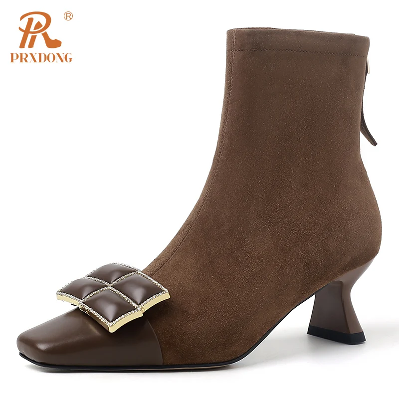 

PRXDONG Women's Shoes 2023 New Fashion Genuine Leather Med Heels Square Toe Autumn Winter Warm Ankle Boots Black Brown Party 39