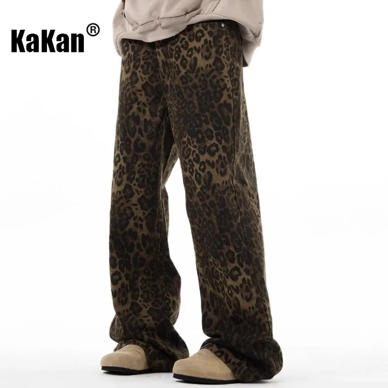 Kakan - European and American New Retro Leopard Print Jeans for Men, Straight and Loose Fitting Casual Long Jeans K27