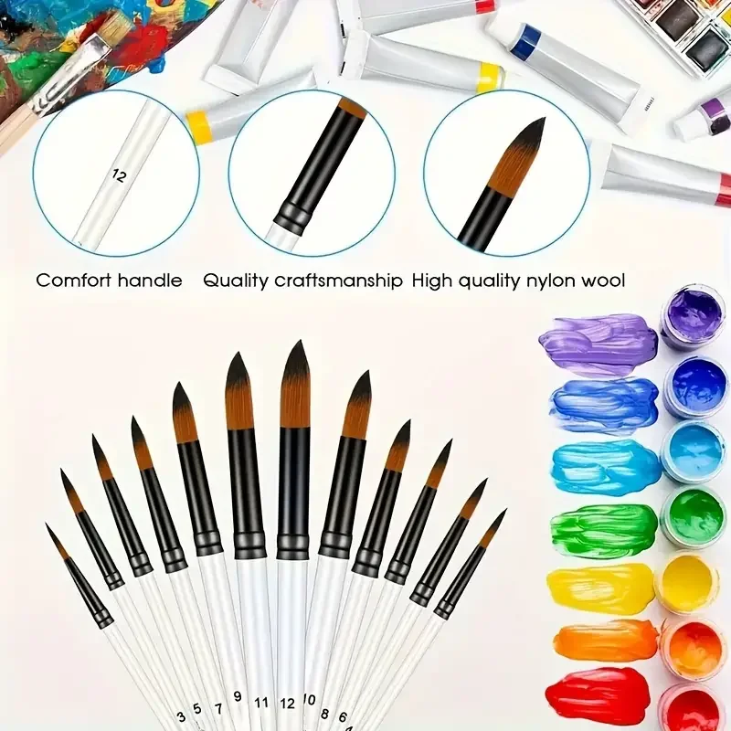 12pcs Round Paint Brush Set - Professional Nylon Bristles for Watercolor, Acrylic, Oil Painting, Face & Body Art, Nail Designs 4