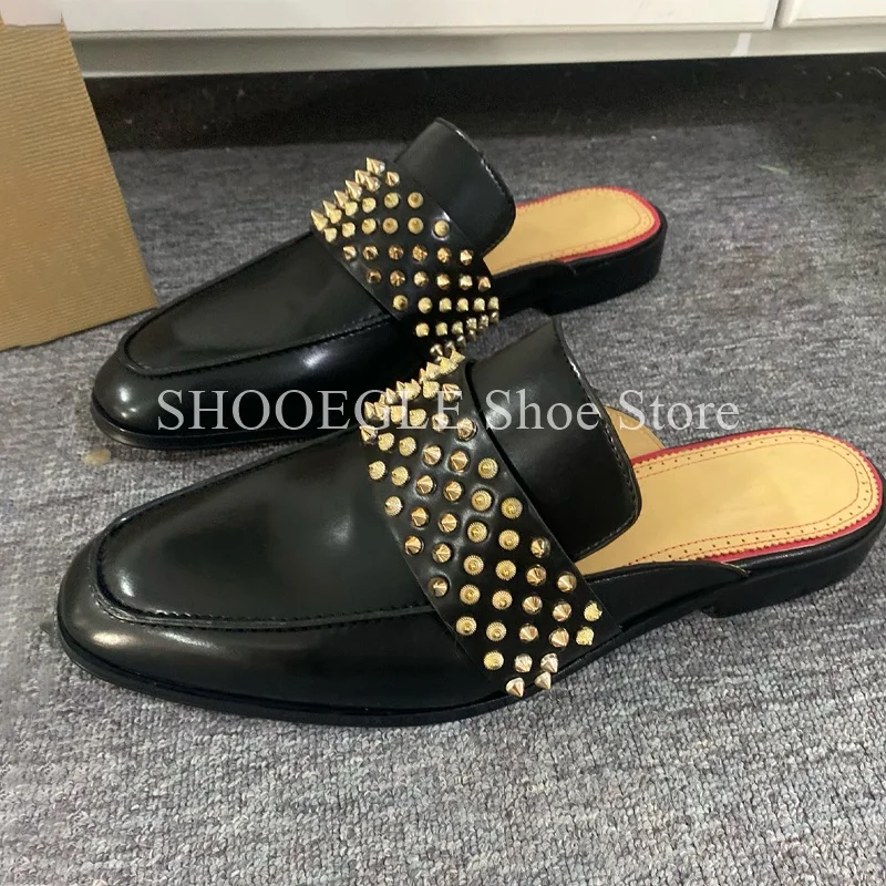 남성용 스터드 슬리퍼 플랫 토 하프 슈즈, 골드 리벳, 작은 스퀘어 토, 여름 캐주얼 플랫 슈즈