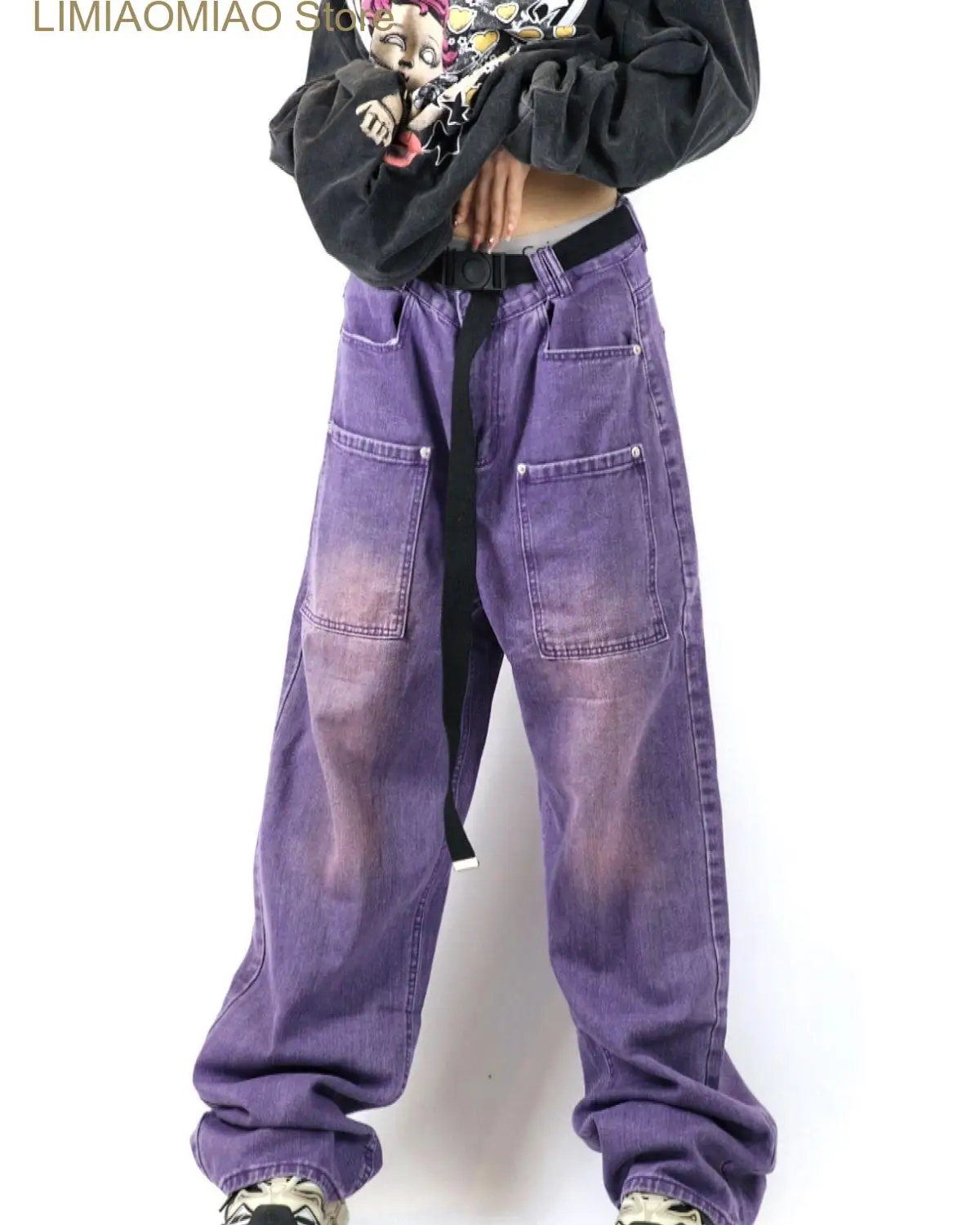 New Wide Leg Pants Denim Purple Straight Retro Ankle Length Cargo Jeans Loose Washed Distressed Pockets Zipper Women