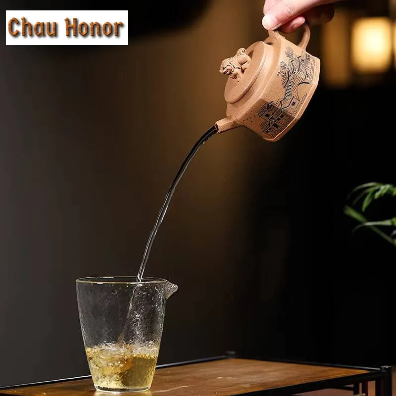 200ml Chinese Yixing Purple Clay Teapot Master Handmade Beast Lion Tea Kettle Raw Ore Old Section Mud Octagon Pot Zisha Tea Set