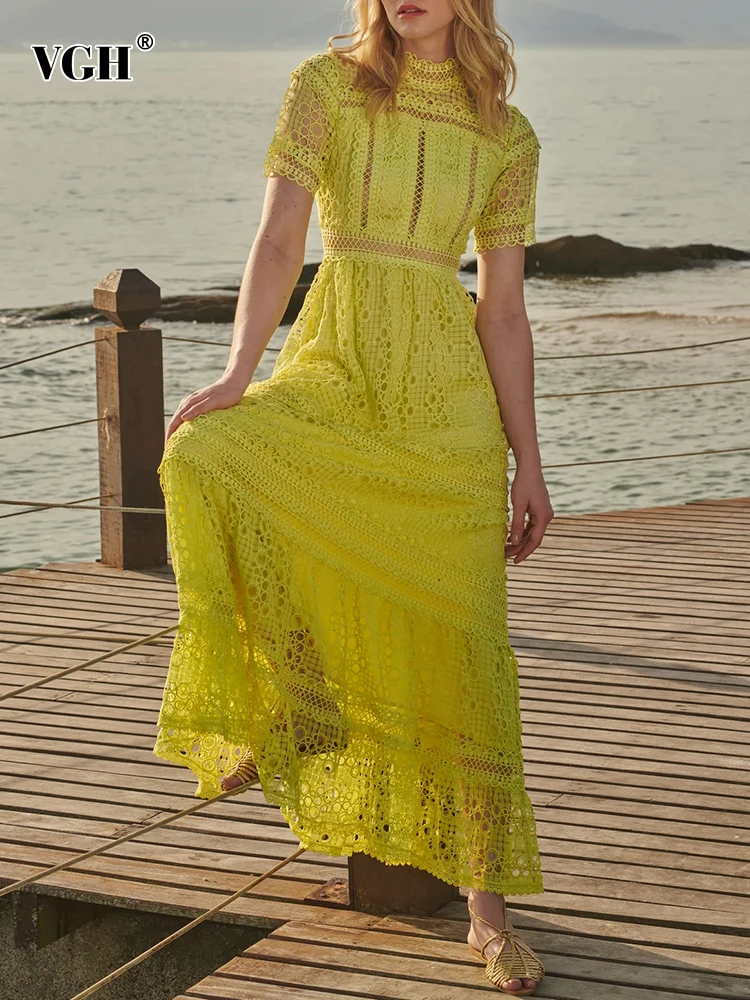

VGH Hollow Out Pullover Dresses For Women Stand Collar Half Sleeve High Waist Spliced Ruched Long Dress Female Summer Fashion