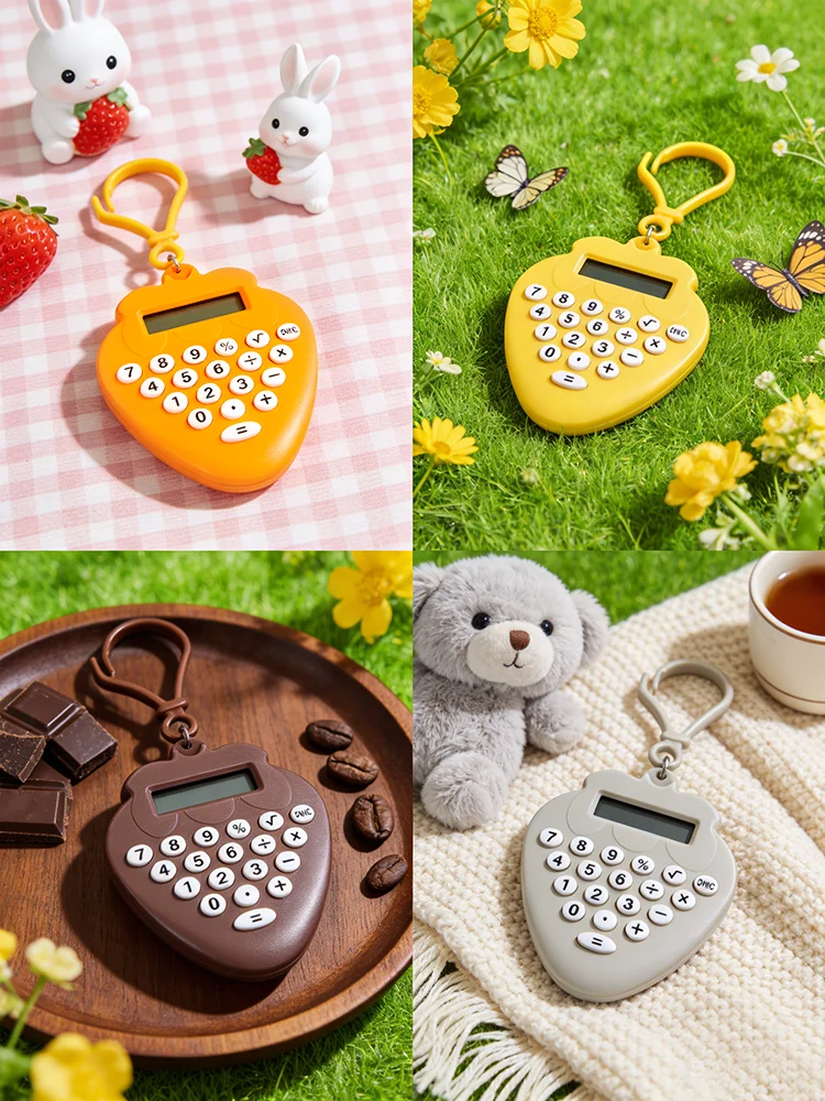 귀여운 딸기 미니 계산기 캔디 컬러 8자리 학생 학습 시험용 무소음 휴대용 열쇠고리 컴퓨터
