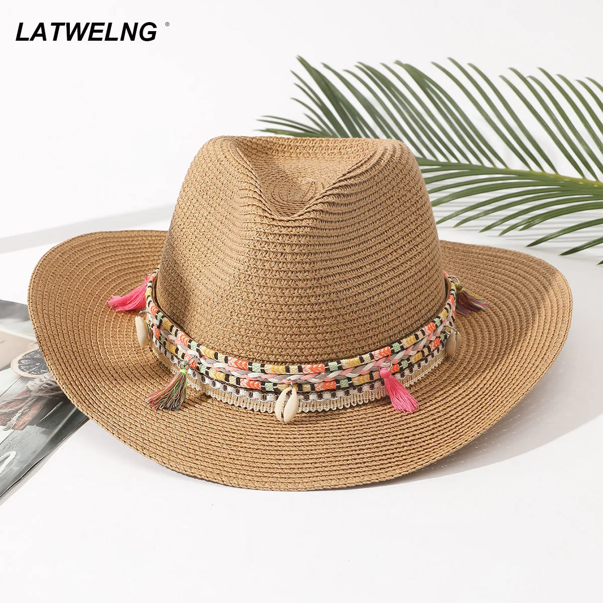 Wholesale Women Pink Tassel Cowboy Hat Floppy Beach Hats Summer Straw Hats Ladies UV Protection Hat Panama Sun Hat 1