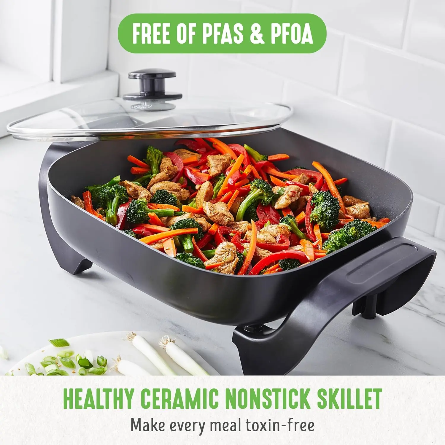 12" 5QT Square Electric Skillet, Glass Vented Lid, Ceramic PFAS-Free Nonstick Coated Interior, Adjustable Temperature Control 2