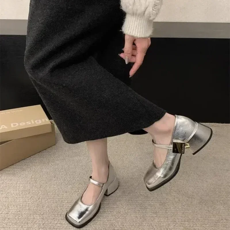New Women Fashion Square Toe Close Toe Ankel Strap Mules Ladies Elegant Mary Jane Ballet Shoes Mid Heel Dress Pumps 2025