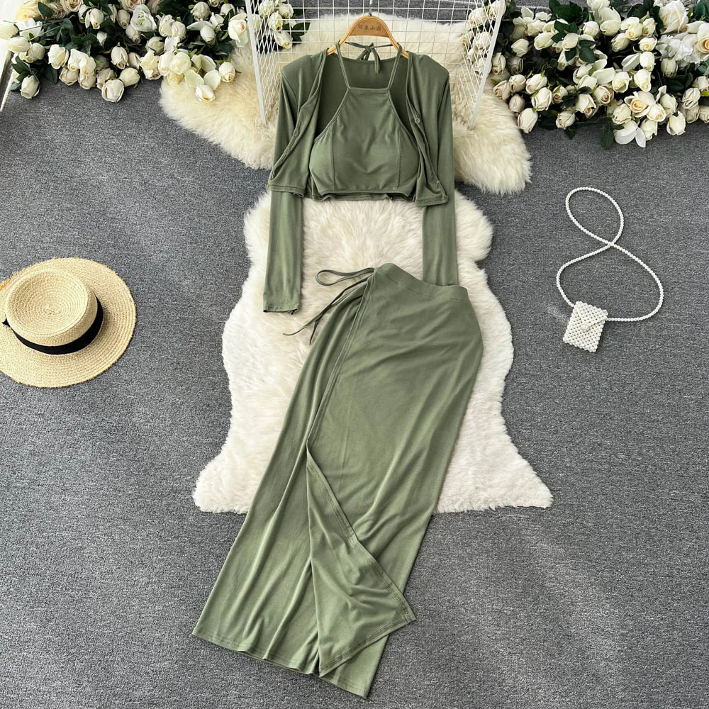 

Three-piece Suit Women's Autumn Halter Neck Small Suspenders Long-sleeved Cardigan Shirt High Waist Slit Long Skirt