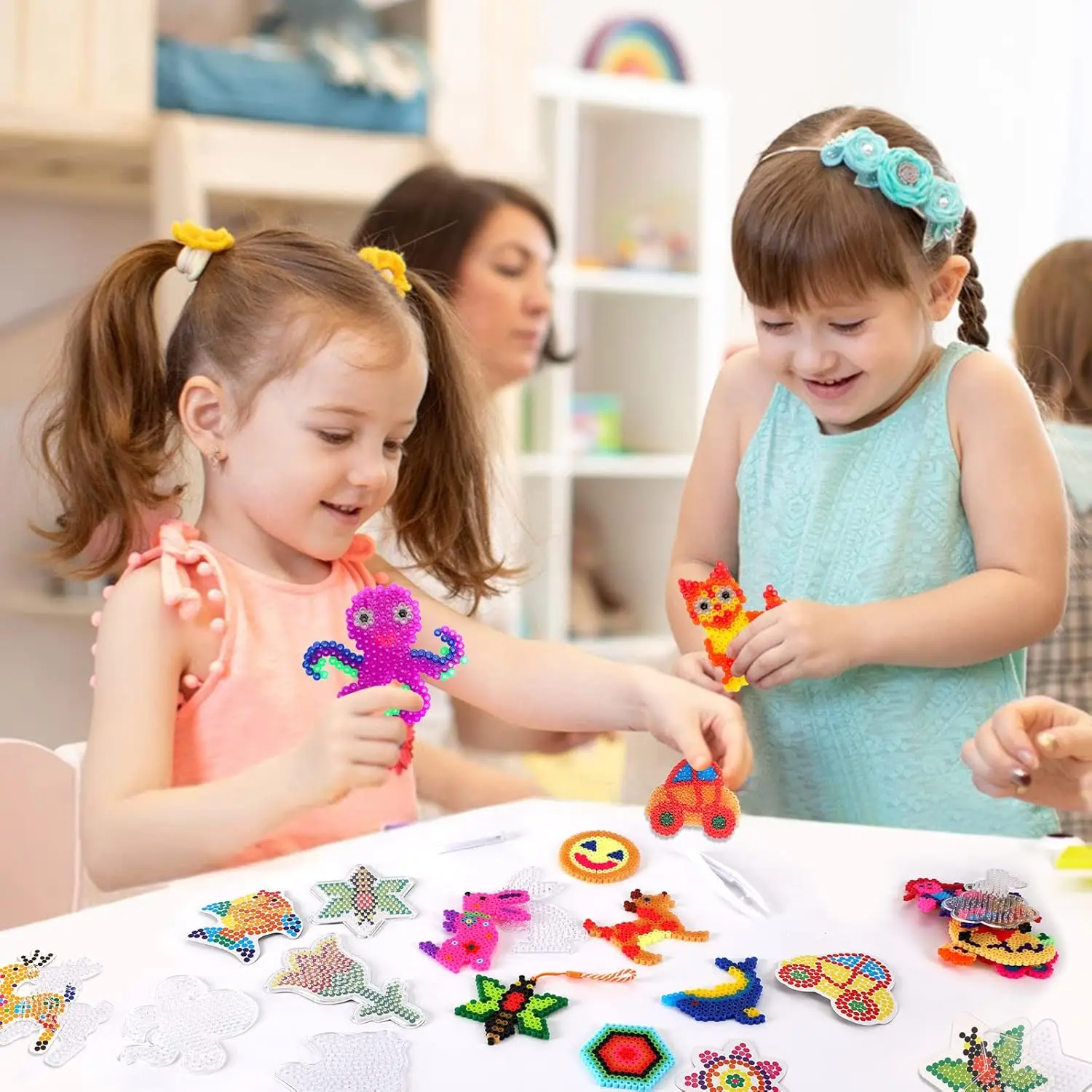 20Pcs 5mm Perler Hama Beads Pegboards Clear Animal Shape Plastic Pegboards with 20 Pcs Colorful Cards for Kids DIY Craft Beads 3