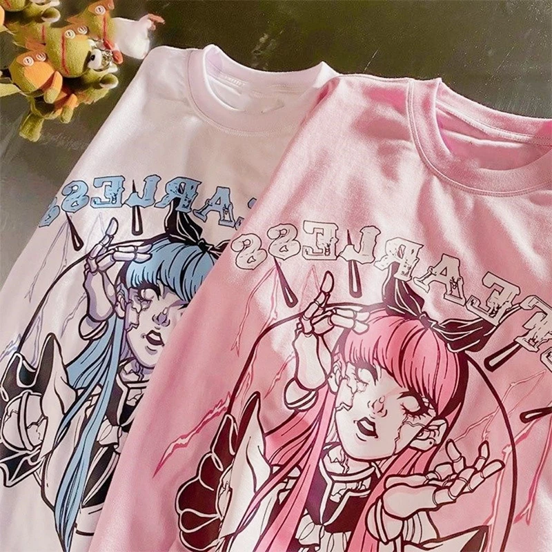 

Футболка женская оверсайз с рисунком аниме, модный топ с коротким рукавом, хлопковая одежда в стиле Харадзюку, уличная одежда на лето
