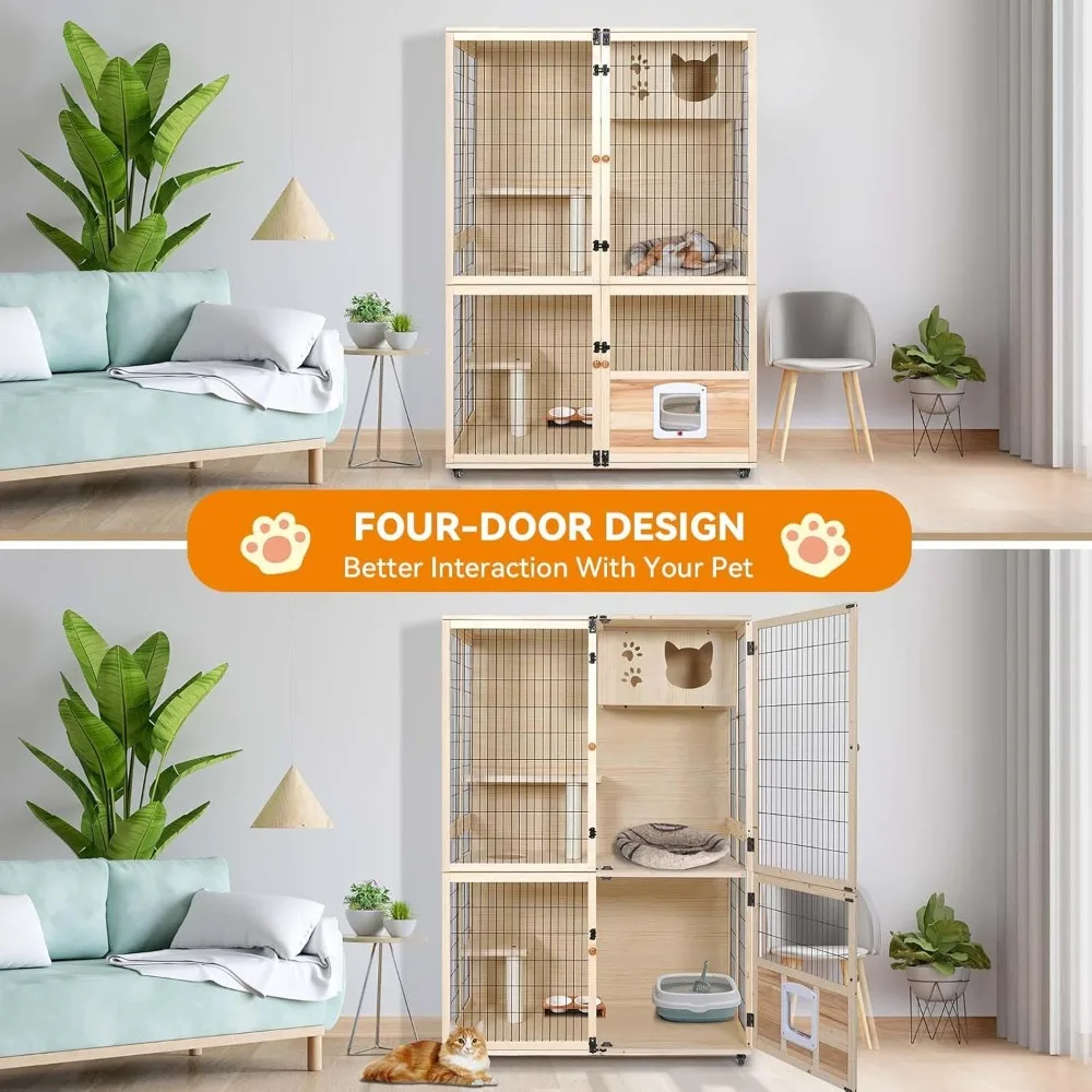 Wooden Cat House Large Space Cat Cage with Scratching Post and Lockable Wheels Double Layer House with Escape Door