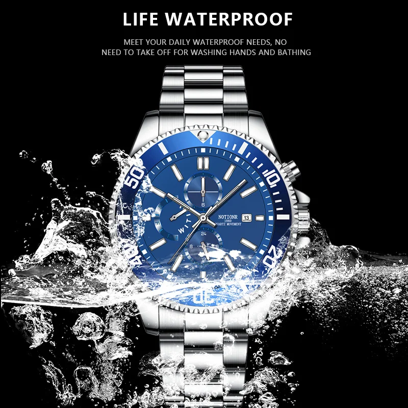 NOTIONR Luxury Fashion Mens Gold Watches Man Luminous Clock Men Business Calendar Stainless Steel Quartz Watch reloj hombre