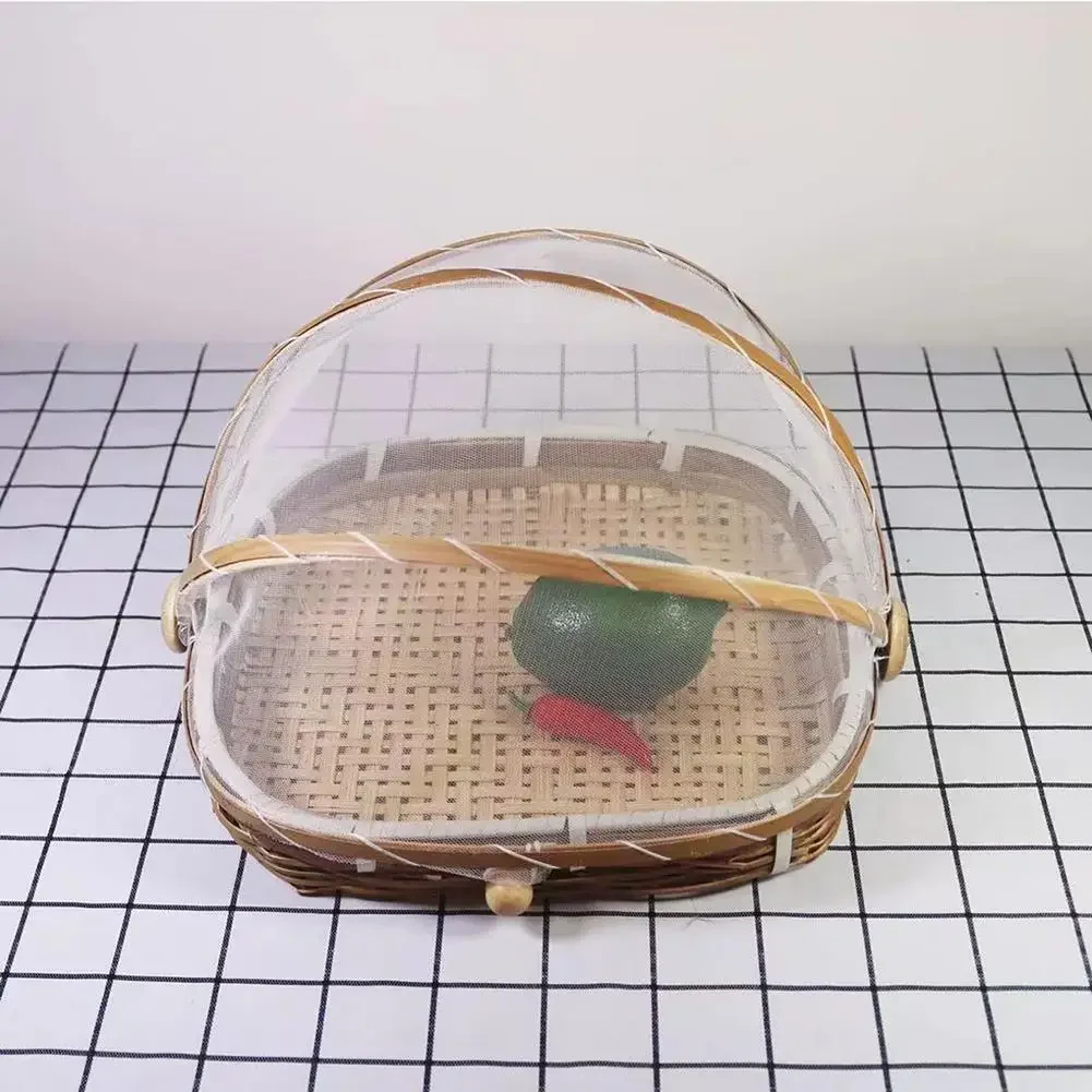 Hand-Woven Bamboo Food Serving Tent Basket Tray Fruit Vegetable Bread Storage Basket Kitchen Outdoor Picnic Mesh Net Cover
