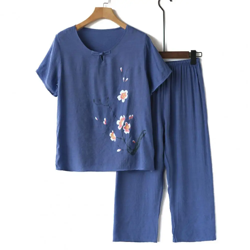 

Women Pajama Set Elegant Mid-aged Women's Pajama Set with Flower Print Short Sleeve Top Wide Leg Pants Comfortable for Mother