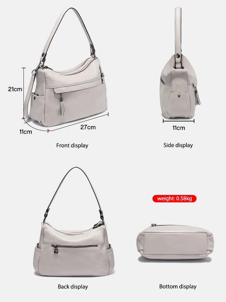 Zency 100% Genuine Leather Soft Women's Shoulder Bag Trendy Designer Handbags Tassel Large Capacity White Hobo Bag Crossbody