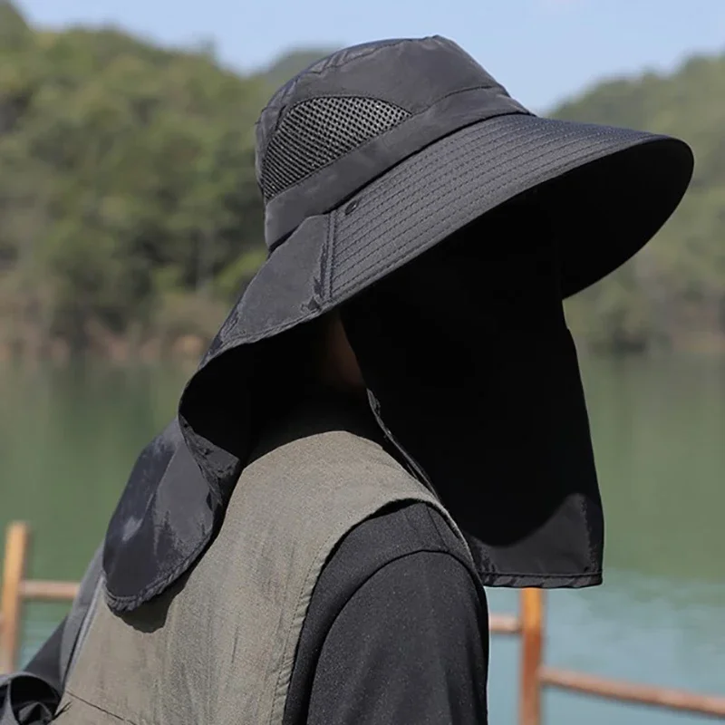 여름 햇빛 차단 모자 UV 차단 야외 사냥 낚시 모자 남녀 하이킹 캠핑 바이저 버킷햇 넥 플랩 피셔맨햇