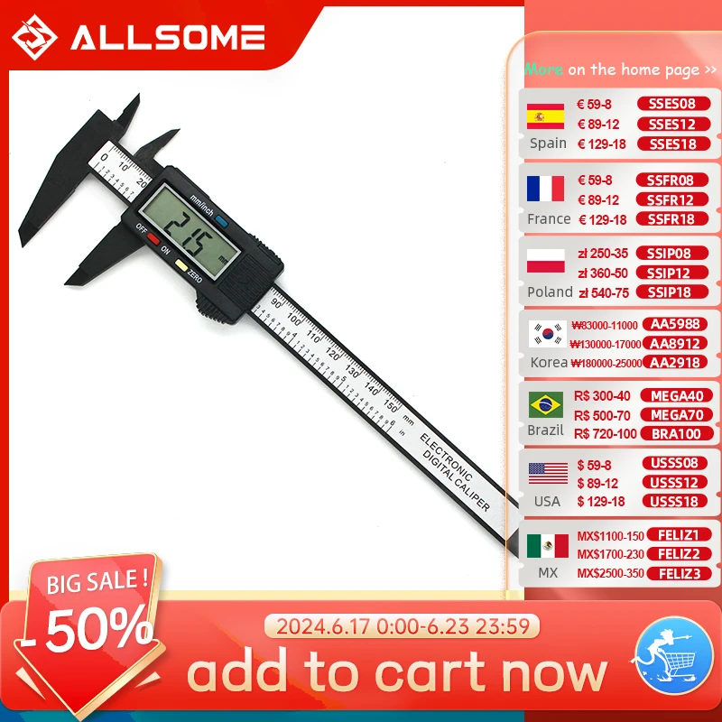 

Цифровой штангенциркуль ALLSOME, Электронный штангенциркуль с нониусом, микрометр, цифровой эритрометр 150 мм, 0,1 мм