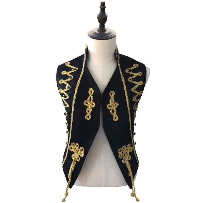 

Stage singer dancer performance vest party stage performance outfit British style men's black gold embroidered lace vest persona