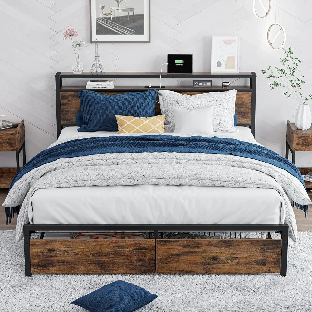 

Bedroom furniture full size bed frame with storage drawers, platform bed with headboard and charging station, vintage brown