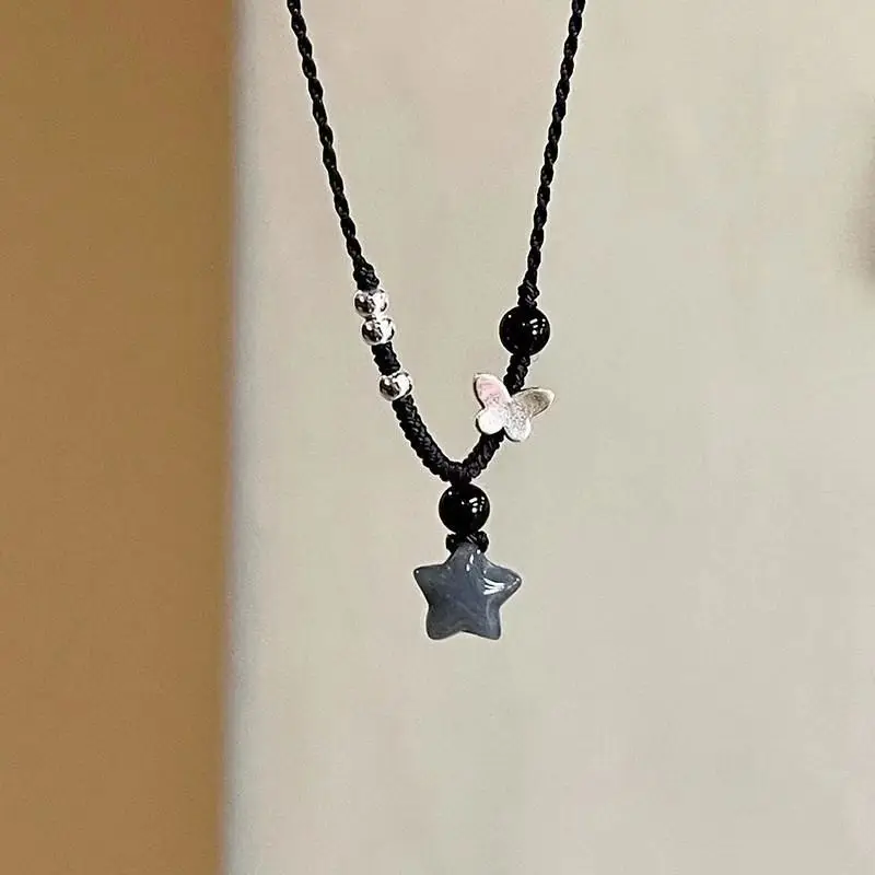 Vintage Black Rope Chain Short Necklace Korean Acrylic Star