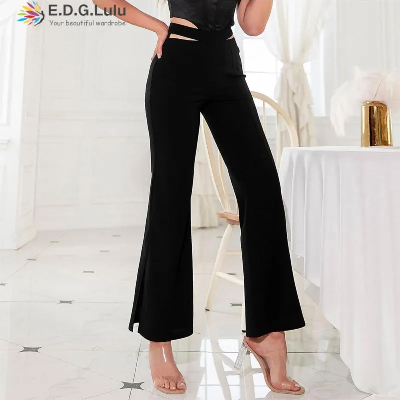 

EDGLuLu Elegant Women High Waiste Hollow Out Flare Pants Korean Black Split Pants Spring Summer Lady Trousers Fashion Pants 0415