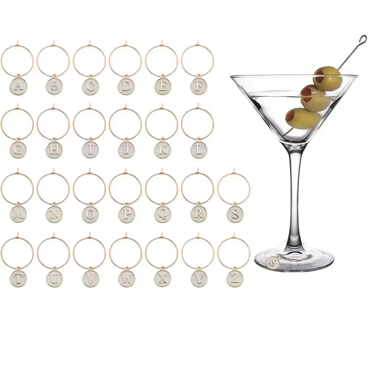 26pcs Alphabet Wine Charms Circle Letter Wine Cocktail Glass Stem Marker Identifier Tags for Weddings Party Letter Enamel Charms