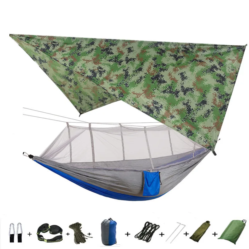 Portable Travel Hammock with Rain Fly Tarp,Outdoor Backpacking Hammock Tree Strap, Carabiner, Very Suitable for Camping Hiking 