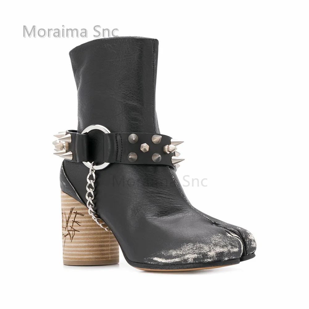 Winter Snow Boots Buckle Rivet Tabi Split-Toe Boots for Women Metal Chain Black Leather Vintage Boots Round Heel Casual Ankle Winter