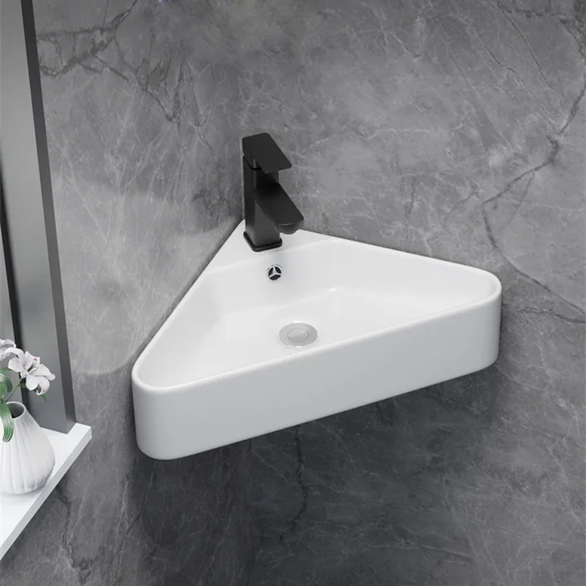 Triangle Basin Small Family Bathroom Washbasin Balcony Corner Mini Washbasin Wall-Hang Sink Corner Basin With Drain Faucet 2