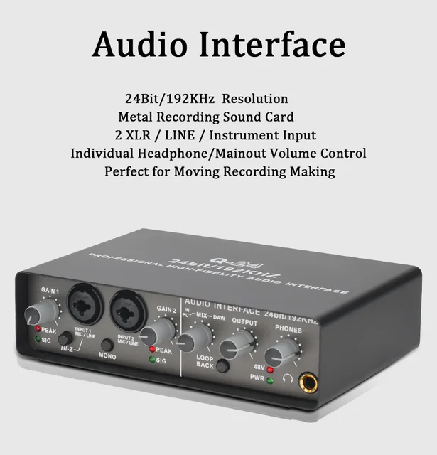 Carte Son Externe de Studio Interface Audio PC 2 Canaux Hi-z Guitare Echo  48V