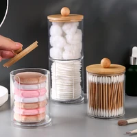 1 Pcs Cotton Swab Organizer Storage Bamboo Cover Acrylic Round Organizer Makeup Storage Box Container Organizadores 1