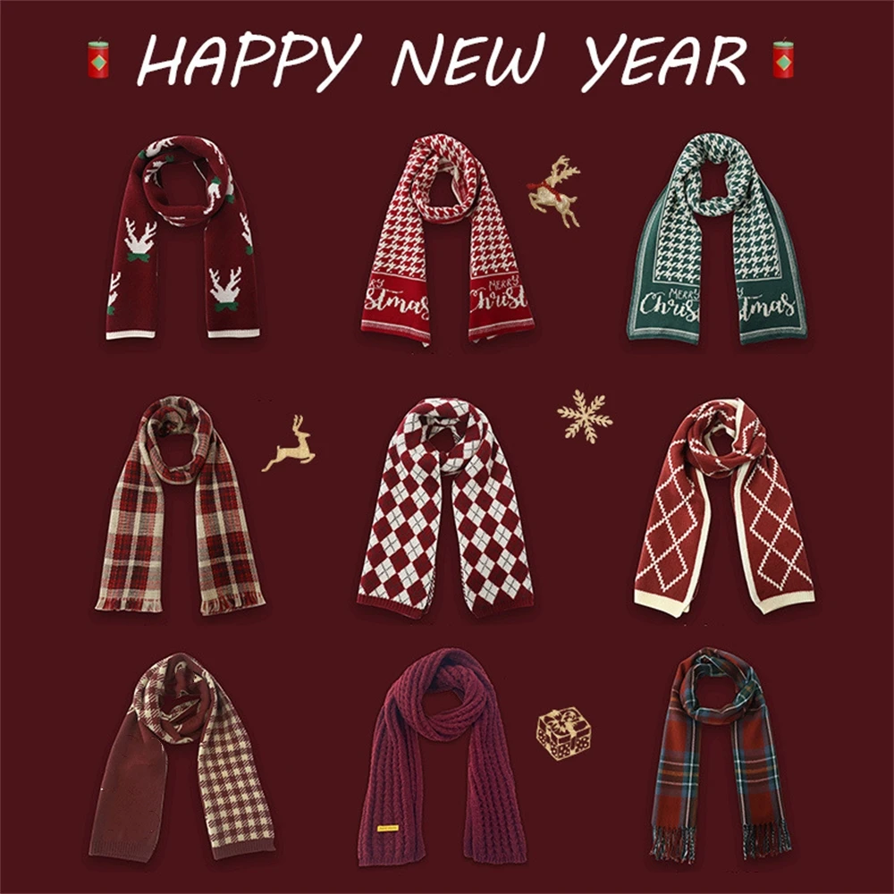 

2024 Winter Thick Christmas Scarf Unisex Reindeer Shawls Scarves Pashmina Cashmere Wraps Cute Red Elk Plaid Bib New Year Gift